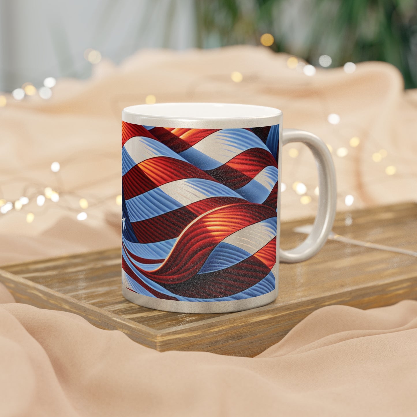 Patriotic Metallic Mug, American Flag Design, 4th of July Gift, Veteran's Day Coffee Cup, USA Pride Mug, Silver Gold Drinkware