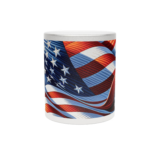 Patriotic Metallic Mug, American Flag Design, 4th of July Gift, Veteran's Day Coffee Cup, USA Pride Mug, Silver Gold Drinkware